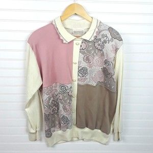 Vintage 80s  Floral  Sweater Womens Meduim Granny Core Pullover Green Collared